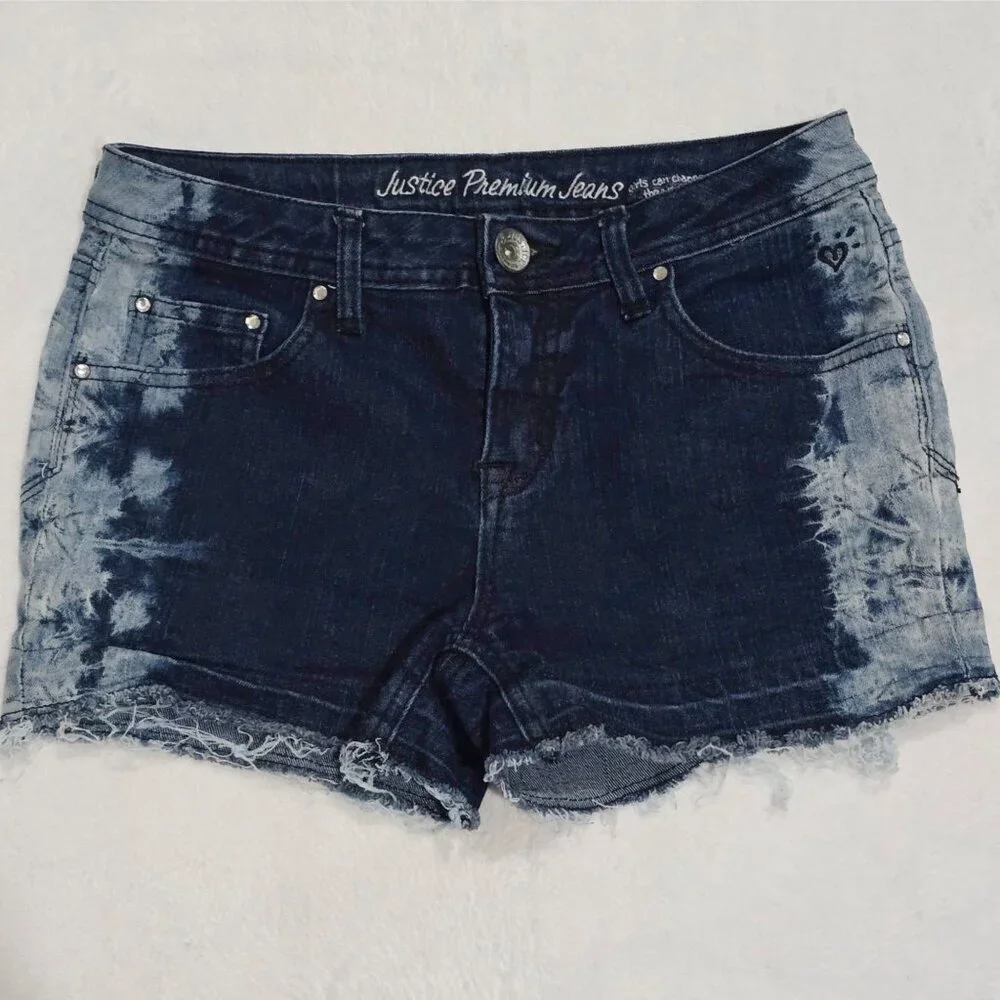 Justice Girls Blue Acid Wash Distressed Raw Hem Embroidered Denim Shorts EUC 14